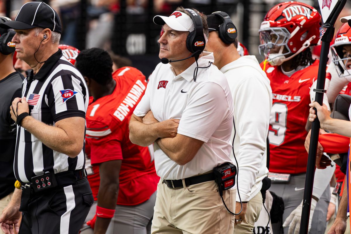 UNLV Rebels head coach Dan Mullen seen in the second quarter of a game against the California Golden Bears on Saturday, October 03, 2026, at Allegiant Stadium in Las Vegas, Nevada.