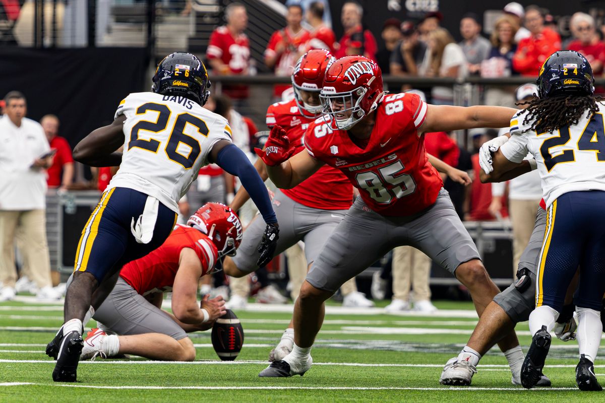 UNLV Rebels TE Matt Byrnes (85) defends the kicker in the second quarter of a game against the California Golden Bears on Saturday, October 03, 2026, at Allegiant Stadium in Las Vegas, Nevada.