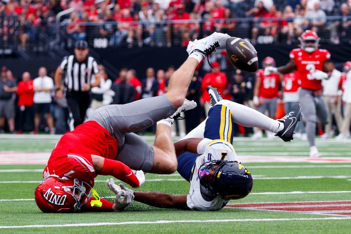 UNLV Football safety Jake Pope (7) breaks up a pass in front of California Golden Bears defensive back Daniel Harris (7) in the first quarter of a game on Saturday, October 3, 2026, at Allegiant Stadium.