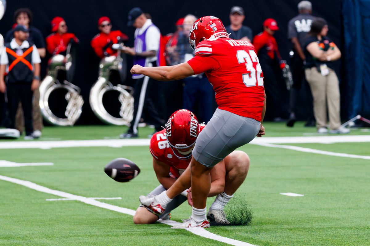 UNLV Football placekicker Ramon Villela (32) kicks a field goal during the second quarter of a game on Saturday, October 3, 2026, at Allegiant Stadium.