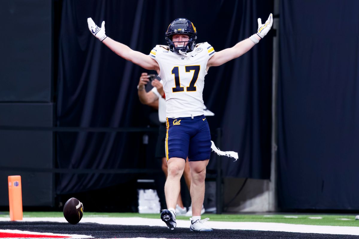 California Golden Bears running back Carson Berry-Smith (17) celebrates scoring a touch down during the third quarter of a game on Saturday, October 3, 2026, at Allegiant Stadium.