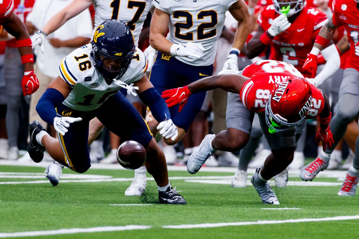 UNLV Football wide receiver Peyton Zachary (82) fumbles the ball during the third quarter of a game on Saturday, October 3, 2026, at Allegiant Stadium.