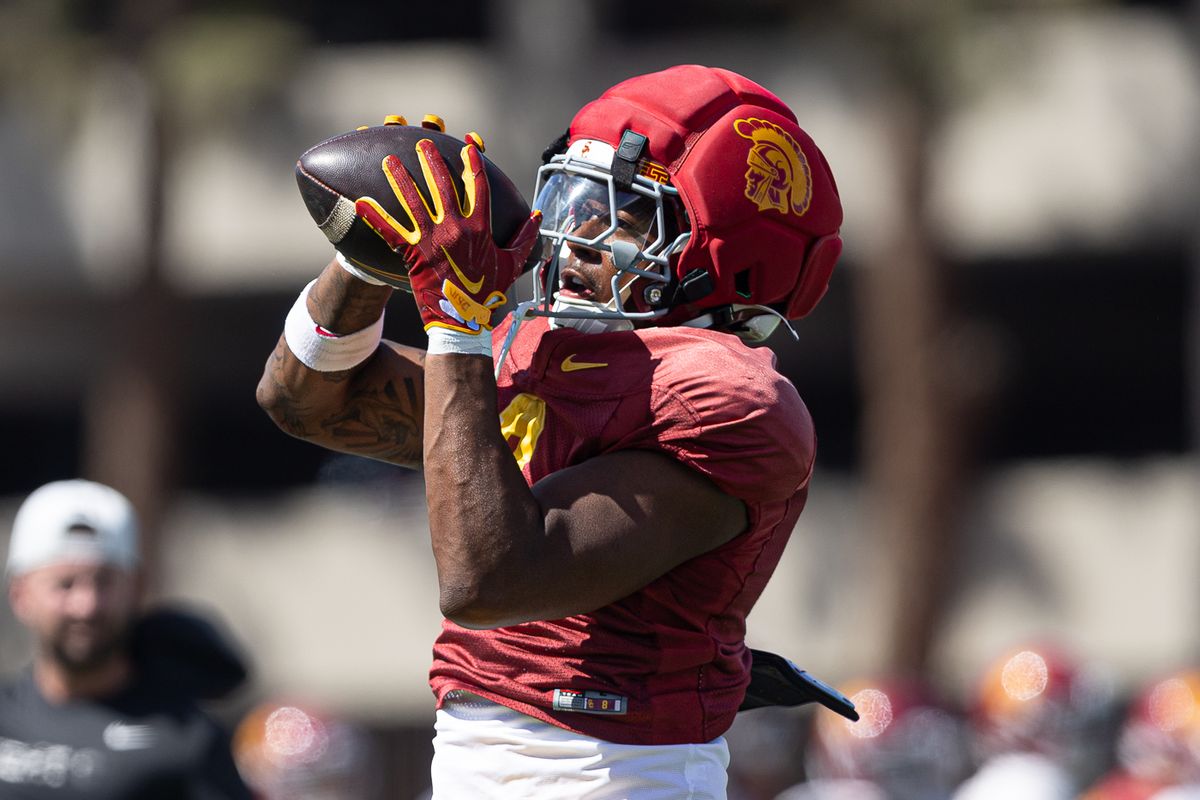 USC running back King Miller (8) catches a pass during practice at Howard Jones Field, Tuesday, Aug. 18, 2026, in Los Angeles. USC running back King Miller (8) catches a pass during practice at Howard Jones Field, Tuesday, Aug. 18, 2026, in Los Angeles.
