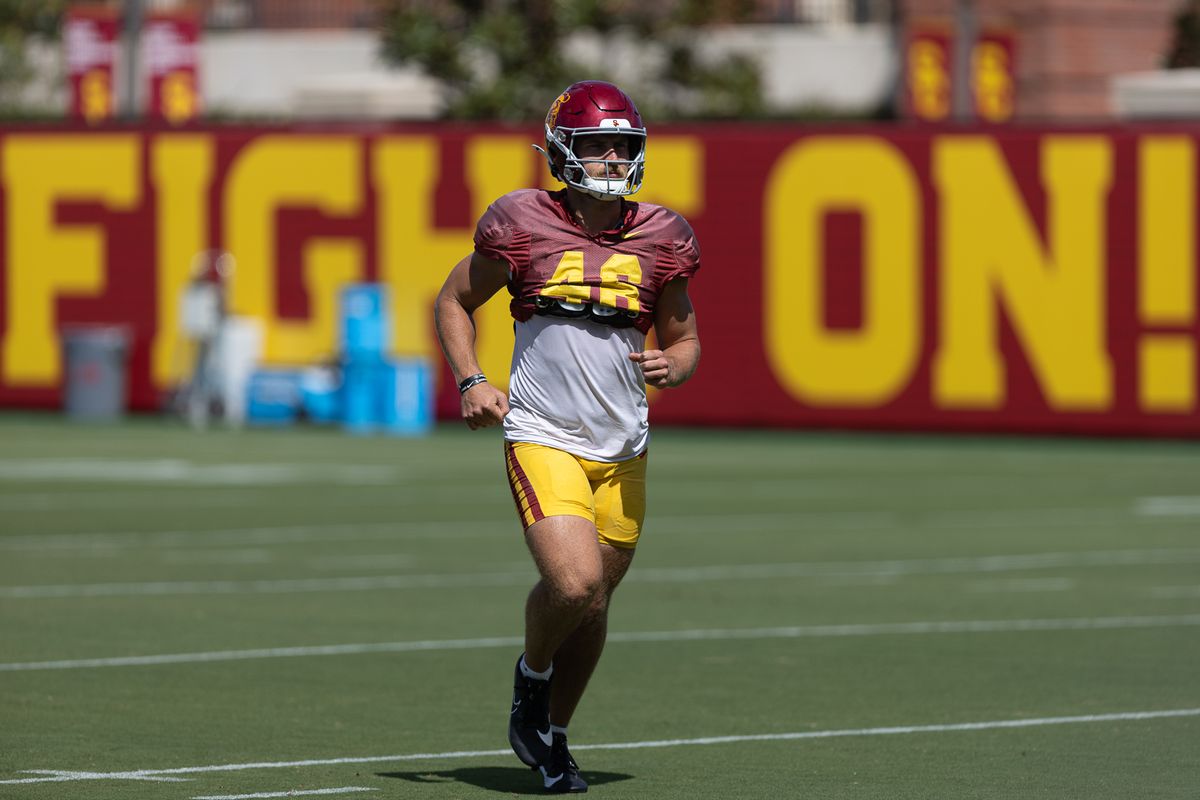 USC long snapper Dylan Black (46) jogs off the field after drills during practice at Howard Jones Field, Tuesday, Aug. 18, 2026, in Los Angeles. USC long snapper Dylan Black (46) jogs off the field after drills during practice at Howard Jones Field, Tuesday, Aug. 18, 2026, in Los Angeles.