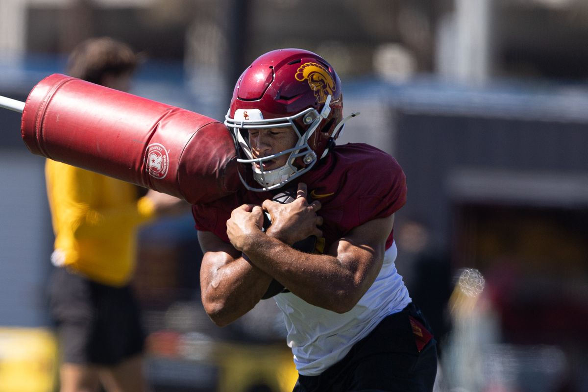 USC players participate in contact drills during practice at Howard Jones Field, Wednesday, Aug. 19, 2026, in Los Angeles.
