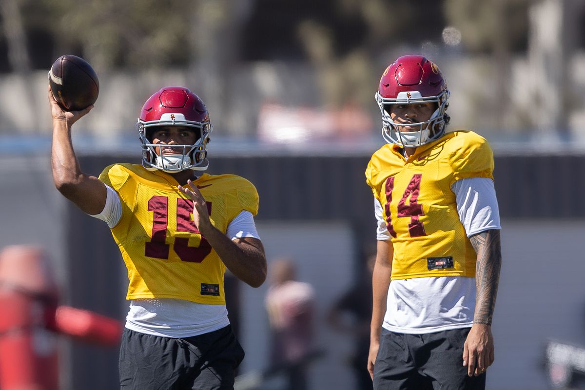 USC quarterbacks Jayden Maiava (14) and Jonas Williams (15) during practice at Howard Jones Field, Wednesday, Aug. 19, 2026, in Los Angeles.