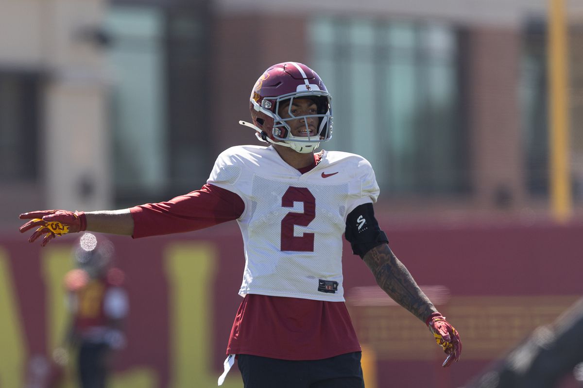 USC cornerback Elbert “Rock” Hill IV (2) during practice at Howard Jones Field, Wednesday, Aug. 19, 2026, in Los Angeles.