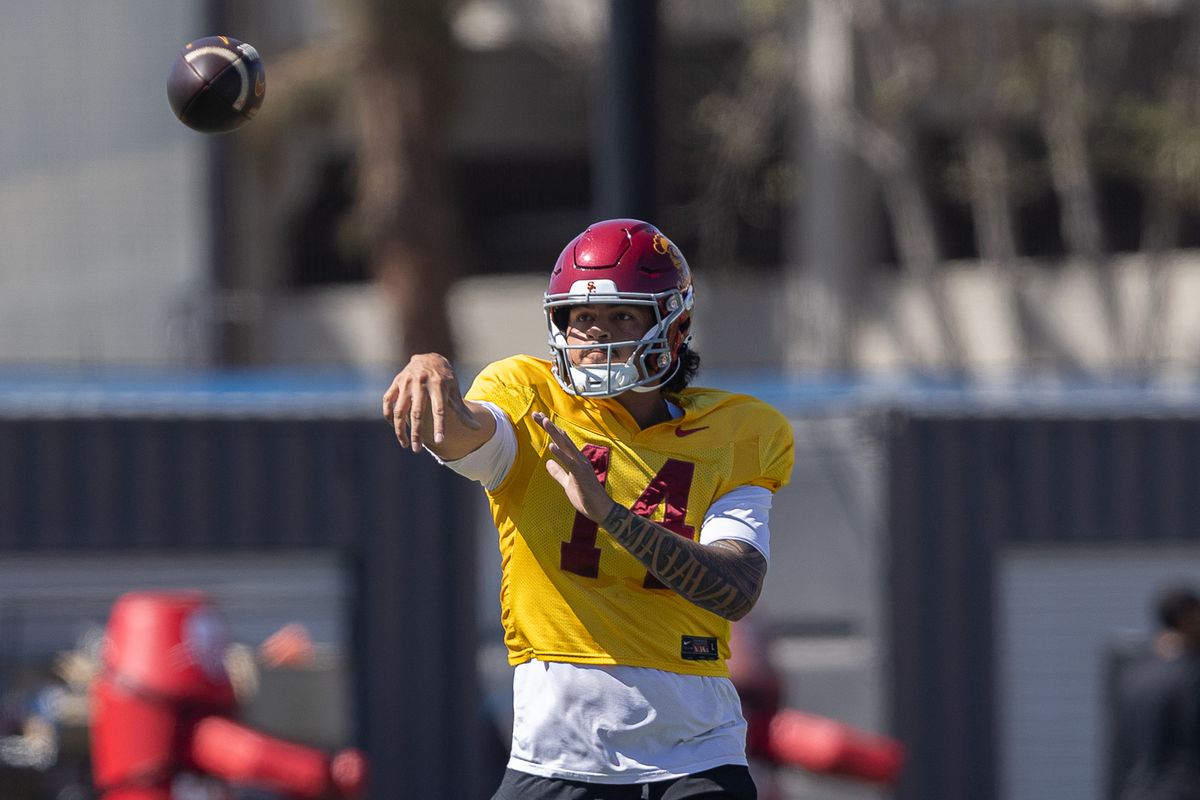 USC quarterback Jayden Maiava (14) throws a pass during practice at Howard Jones Field, Wednesday, Aug. 19, 2026, in Los Angeles.