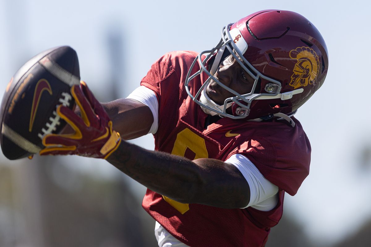 USC wide receiver Terrell Anderson (9) reaches for a pass during practice at Howard Jones Field, Wednesday, Aug. 19, 2026, in Los Angeles.