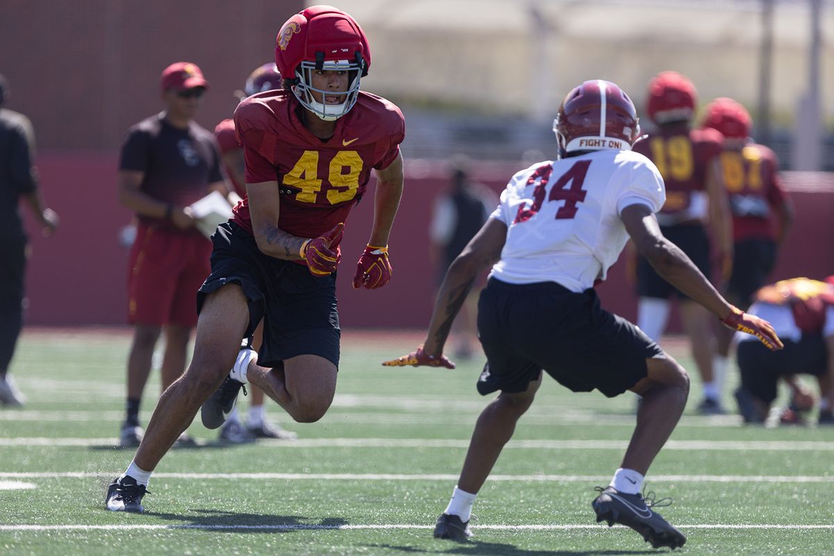 USC wide receiver Grant Woods (49) goes against USC cornerback Jayden Crowder (34) during practice at Howard Jones Field, Wednesday, Aug. 19, 2026, in Los Angeles.