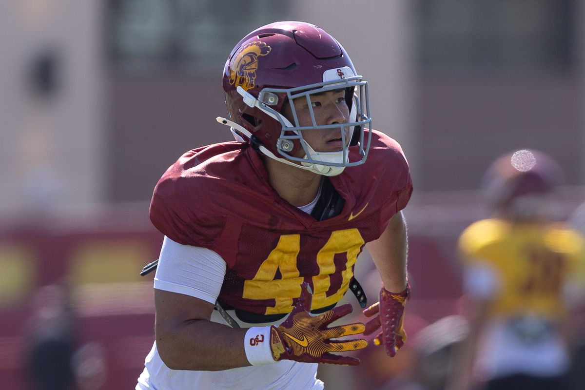 USC wide receiver Marcus Sung (40) runs drills during practice at Howard Jones Field, Wednesday, Aug. 19, 2026, in Los Angeles.