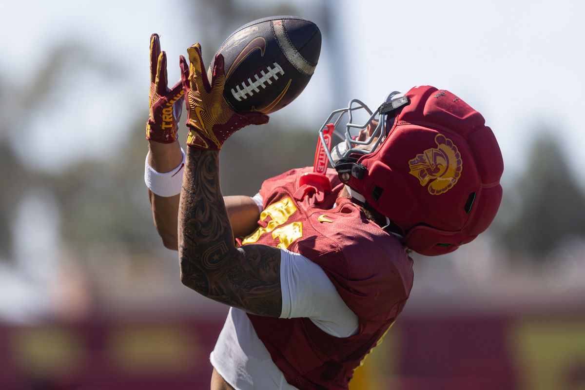 USC running back Riley Wormley (27) hauls in a pass during practice at Howard Jones Field, Wednesday, Aug. 19, 2026, in Los Angeles.