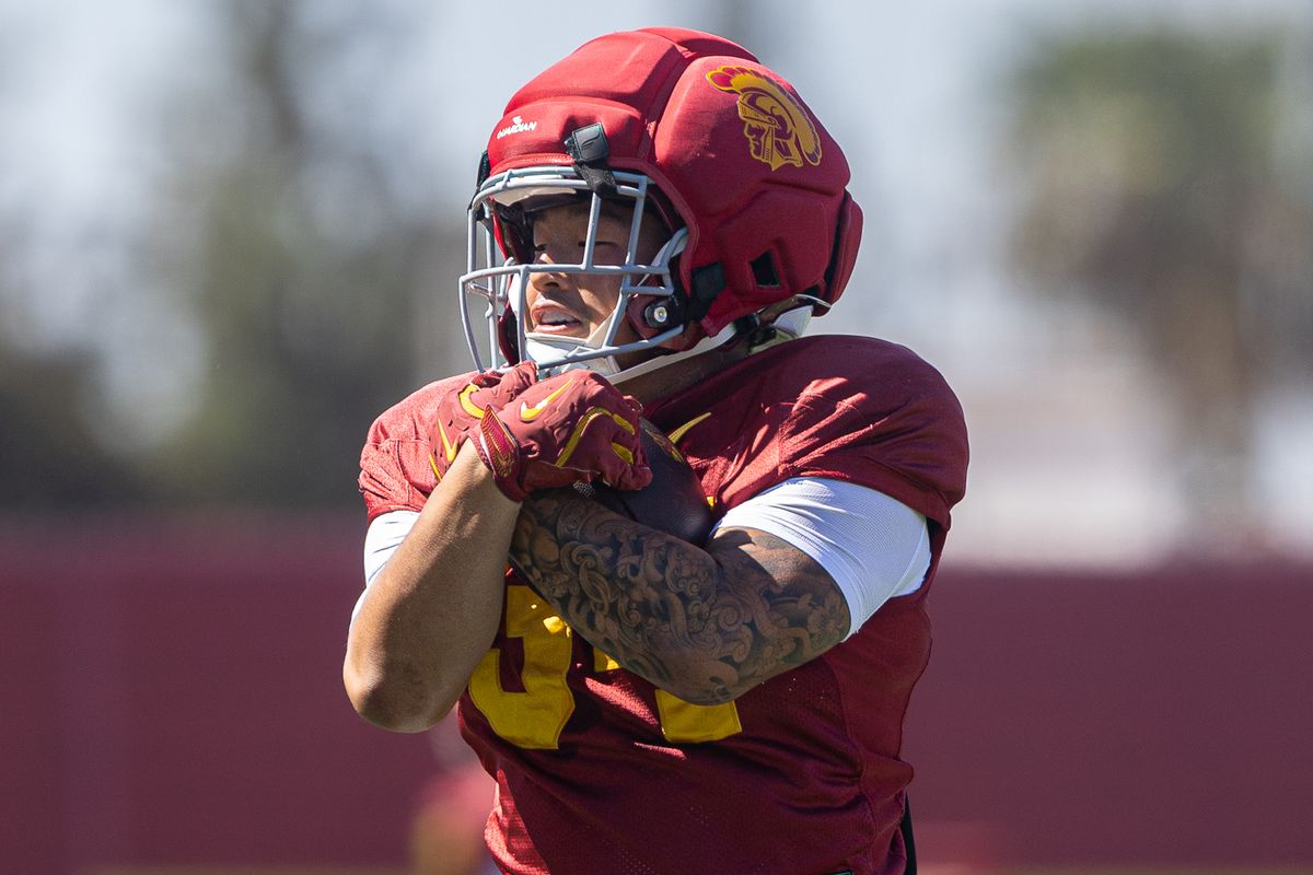 USC running back Tyson Park (34) brings in a pass during practice at Howard Jones Field, Wednesday, Aug. 19, 2026, in Los Angeles.