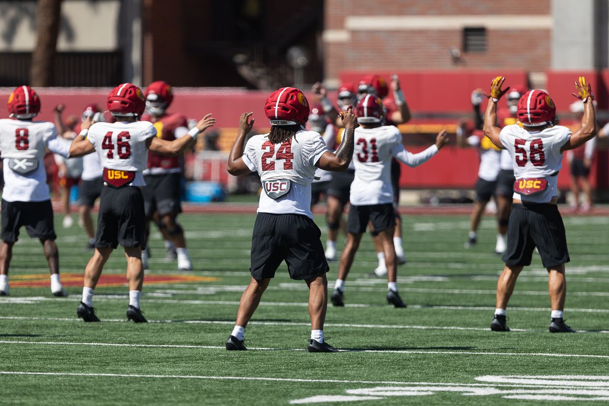 USC players warm up during practice at Howard Jones Field, Wednesday, Aug. 19, 2026, in Los Angeles.