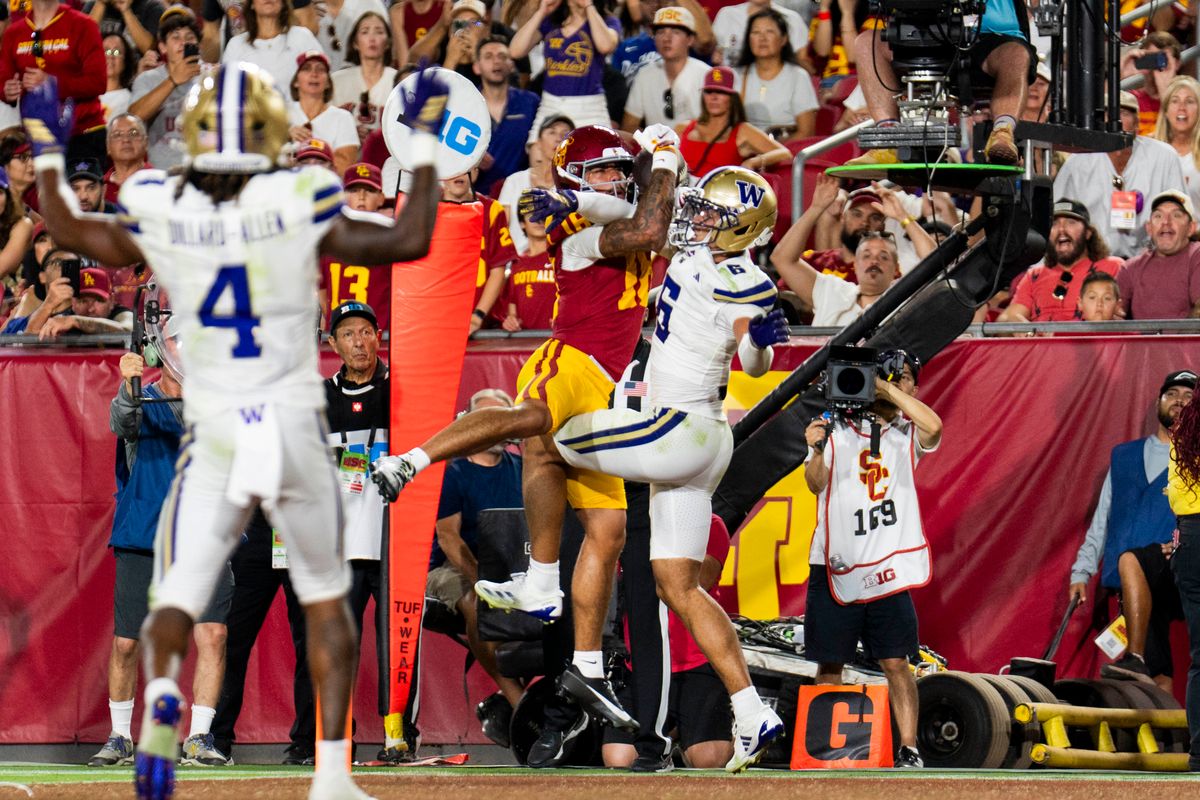 Tanook Hines #16 of the USC Trojans came down with the contested catch for the touchdown during a NCAA football game against the Washington Huskies, Saturday October 3rd, 2026 in Los Angeles, California. Tanook Hines #16 of the USC Trojans came down with the contested catch for the touchdown during a NCAA football game against the Washington Huskies, Saturday October 3rd, 2026 in Los Angeles, California.