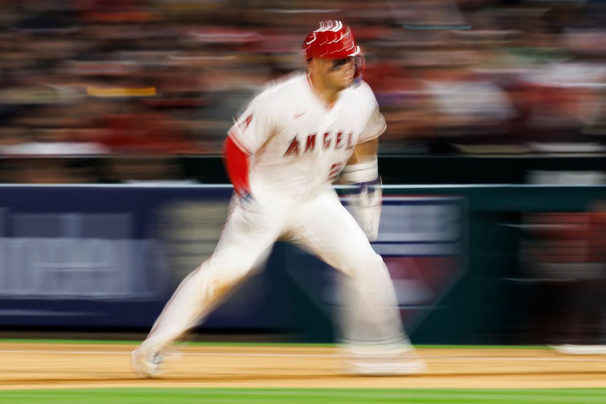 Mike Trout #27 of the Los Angeles Angels runs during the game against the Seattle Mariners at Angel Stadium of Anaheim on April 3, 2026 in Anaheim, California. 