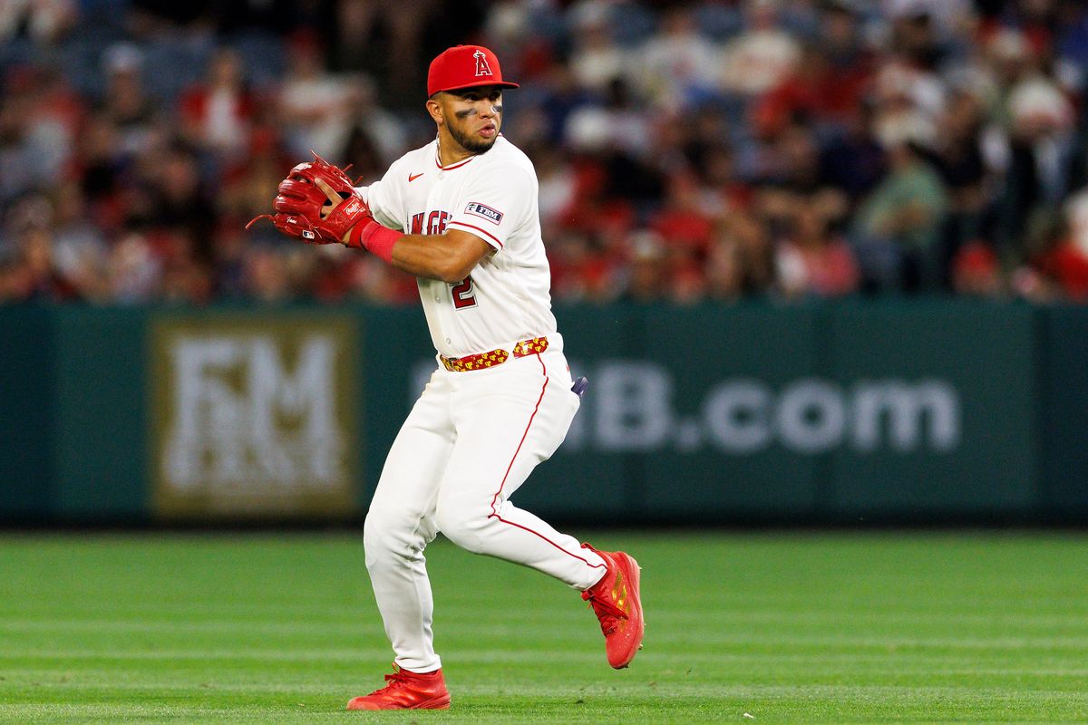 Oswald Peraza #2 of the Los Angeles Angels fields the ball during the game against the Seattle Mariners at Angel Stadium of Anaheim on April 3, 2026 in Anaheim, California.