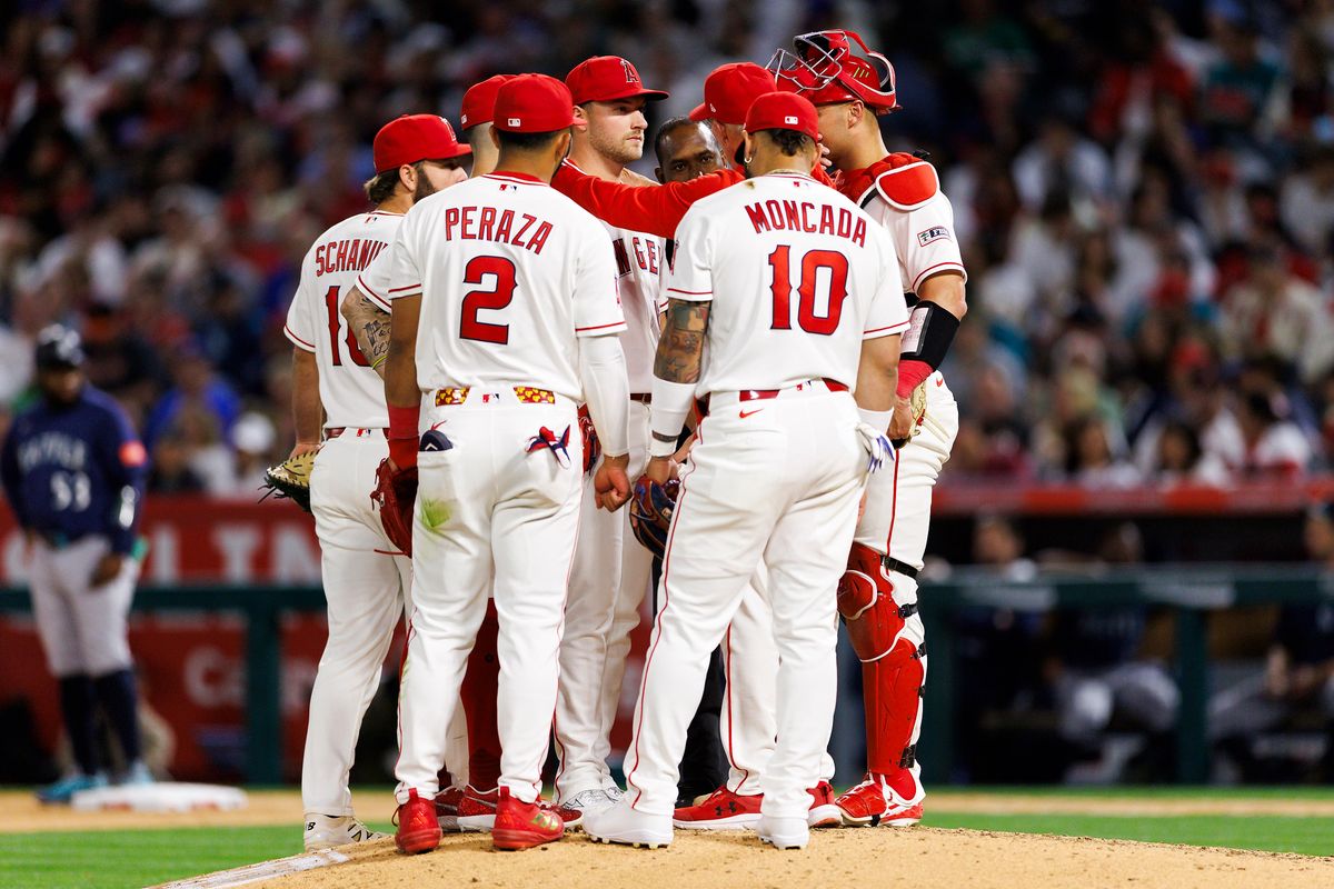 Los Angeles Angels mound visit during the game against the Seattle Mariners at Angel Stadium of Anaheim on April 3, 2026 in Anaheim, California. 