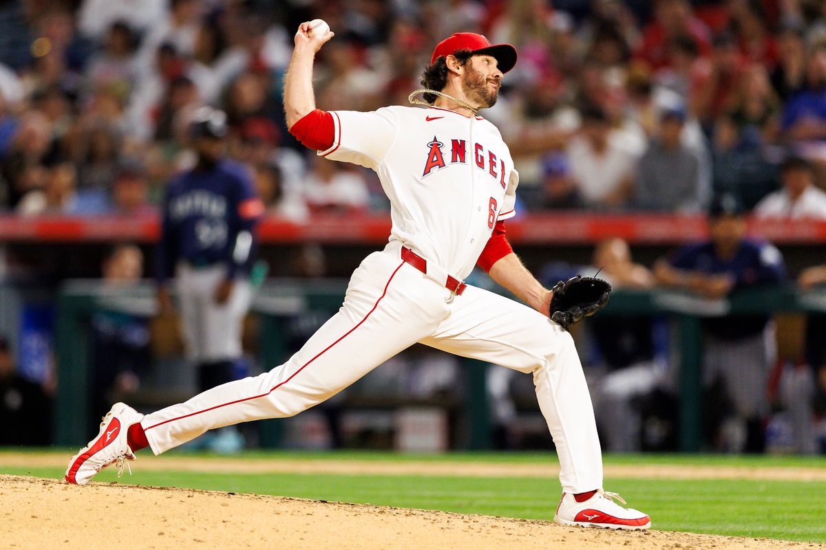 Jordan Romano #68 of the Los Angeles Angels pitches during the game against the Seattle Mariners at Angel Stadium of Anaheim on April 3, 2026 in Anaheim, California. 