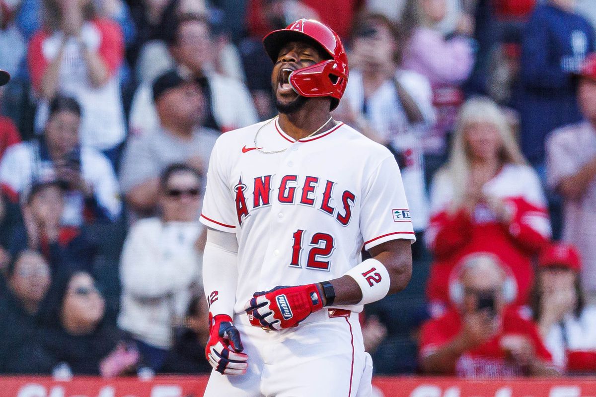 Jorge Soler #12 of the Los Angeles Angels celebrates after hitting a home run during an MLB game against the Atlanta Braves at Angel Stadium on April 7, 2026 in Anaheim, California.