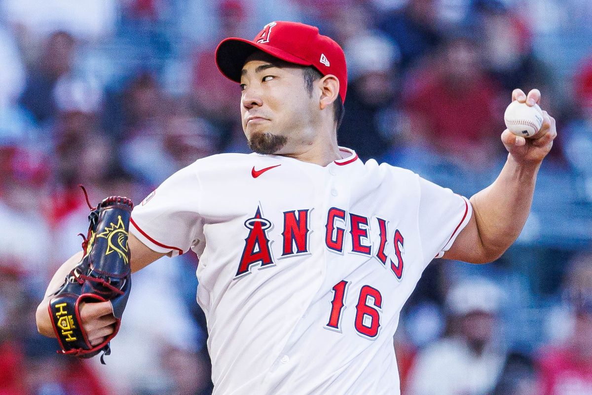 Yusei Kikuchi #16 of the Los Angeles Angels pitches during an MLB game against the Atlanta Braves at Angel Stadium on April 7, 2026 in Anaheim, California.