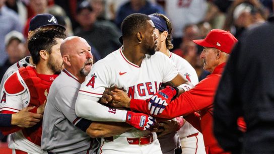 Jorge Soler appealing seven-game suspension after bench-clearing brawl vs. Braves taken at Angel Stadium. Photo by Steven Park - The Sporting Tribune