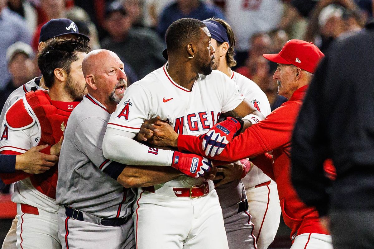Jorge Soler #12 of the Los Angeles Angels after the benches clear during an MLB game against the Atlanta Braves at Angel Stadium on April 7, 2026 in Anaheim, California.