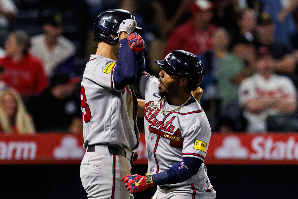 Ozzie Albies #1 of the Atlanta Braves celebrates after hitting a home run during an MLB game against the Los Angeles Angels at Angel Stadium on April 7, 2026 in Anaheim, California.