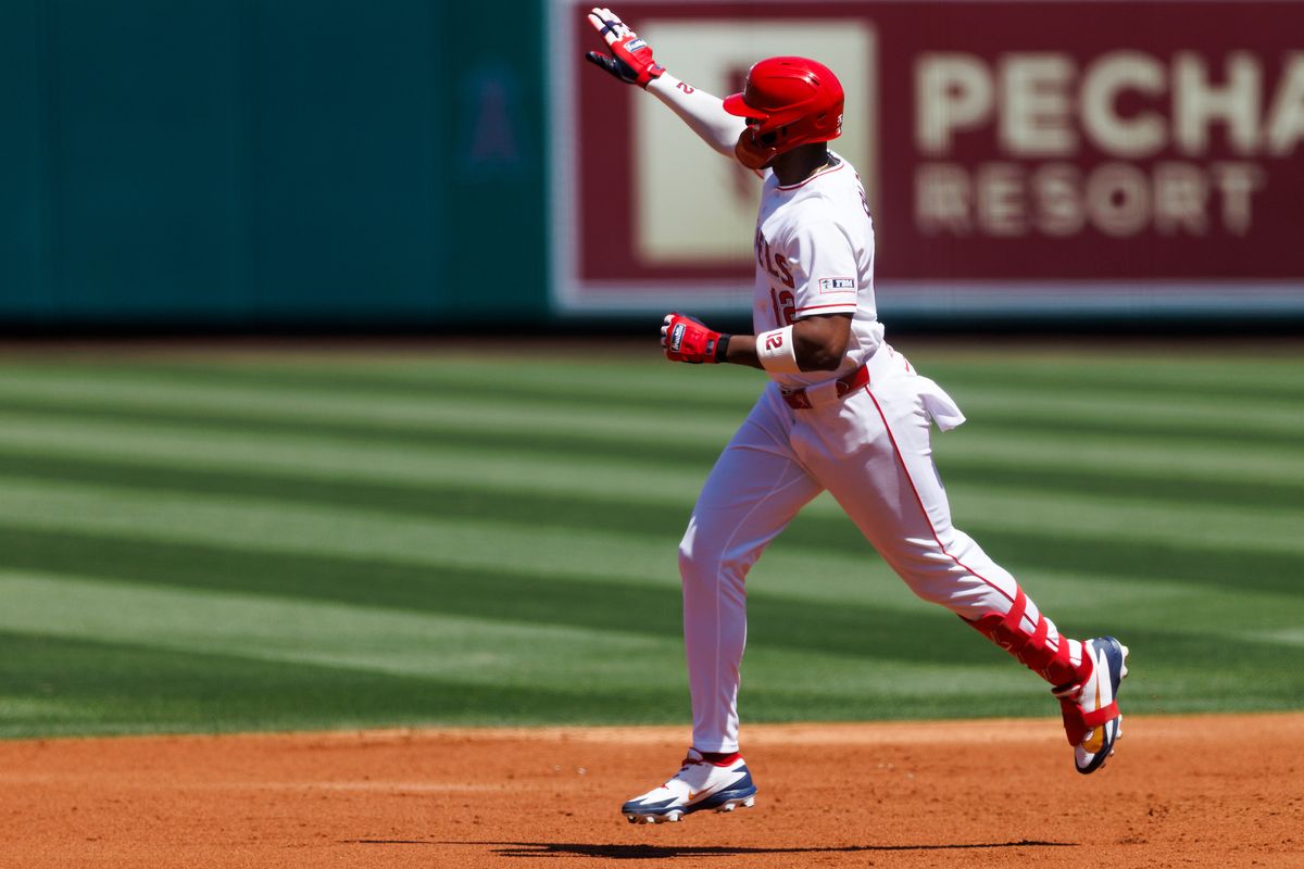 Jorge Soler #12 of the Los Angeles Angels celebrates his home run during the game against the Atlanta Braves at Angel Stadium of Anaheim on April 8, 2026 in Anaheim, California. 