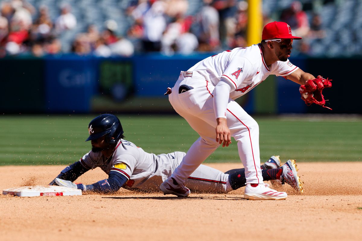 Oswald Peraza #2 of the Los Angeles Angels catches a ball at second base during the game against the Atlanta Braves at Angel Stadium of Anaheim on April 8, 2026 in Anaheim, California.
