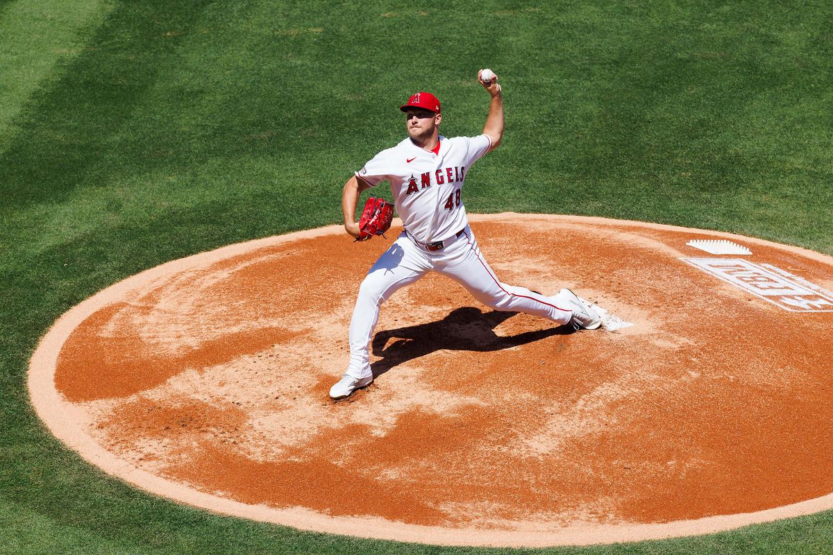 Reid Detmers #48 of the Los Angeles Angels pitches during the game against the Atlanta Braves at Angel Stadium of Anaheim on April 8, 2026 in Anaheim, California.