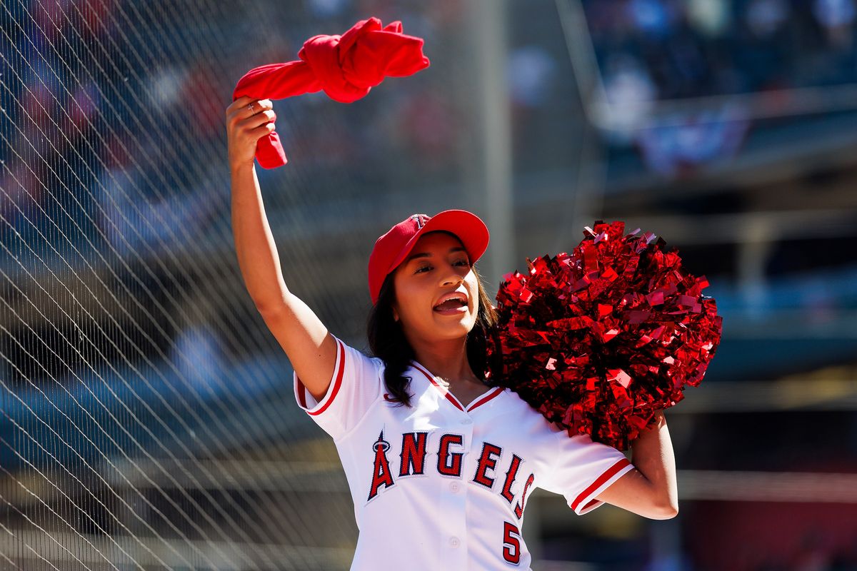  Los Angeles Angels Strike Force waves a t-shirt during the game against the Atlanta Braves at Angel Stadium of Anaheim on April 8, 2026 in Anaheim, California. 