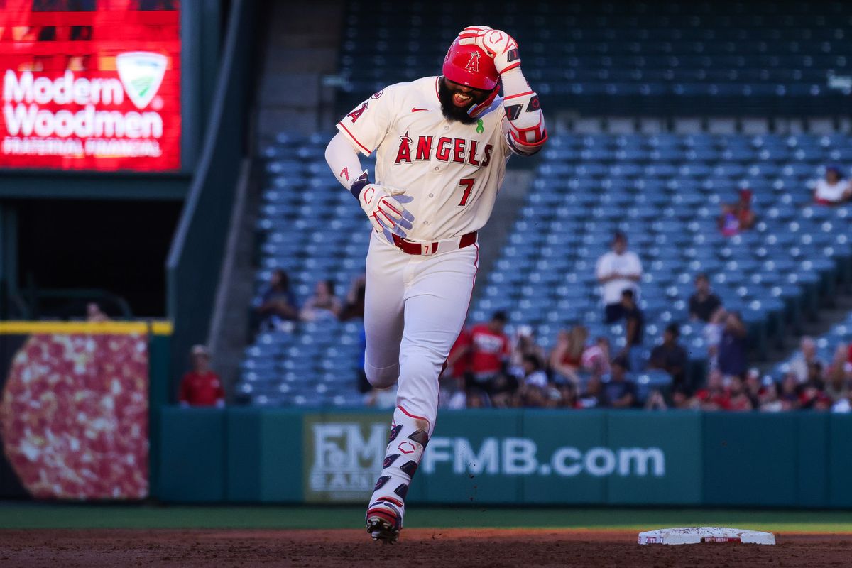 Los Angeles Angels outfielder Jo Adell (7) runs during the MLB game against the Athletics Wednesday May 20th, 2026 at Angel's Stadium in Anaheim, Calif.