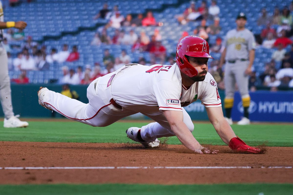 Los Angeles Angels infielder Nolan Schanuel (18) dives during the MLB game against the Athletics Wednesday May 20th, 2026 at Angel's Stadium in Anaheim, Calif.