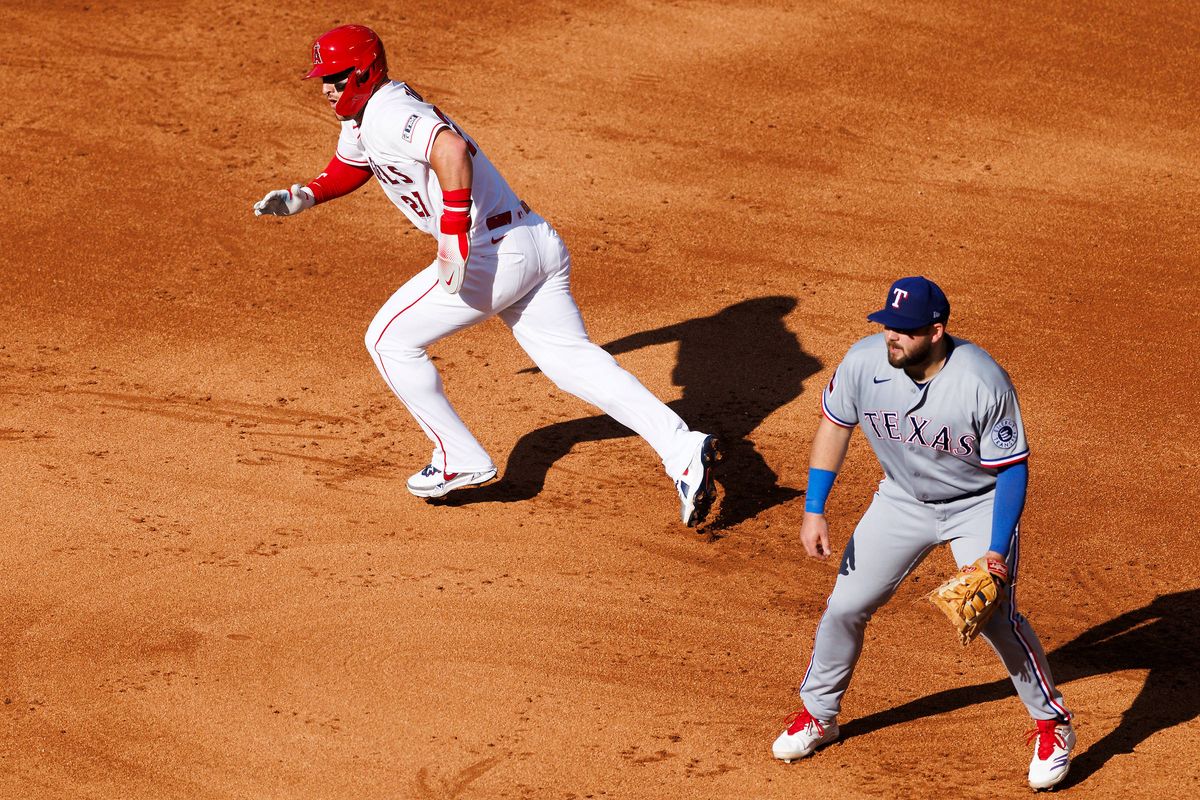 Mike Trout #27 of the Los Angeles Angels runs during the game against the Texas Rangers at Angel Stadium of Anaheim on May 24, 2026 in Anaheim, California. 