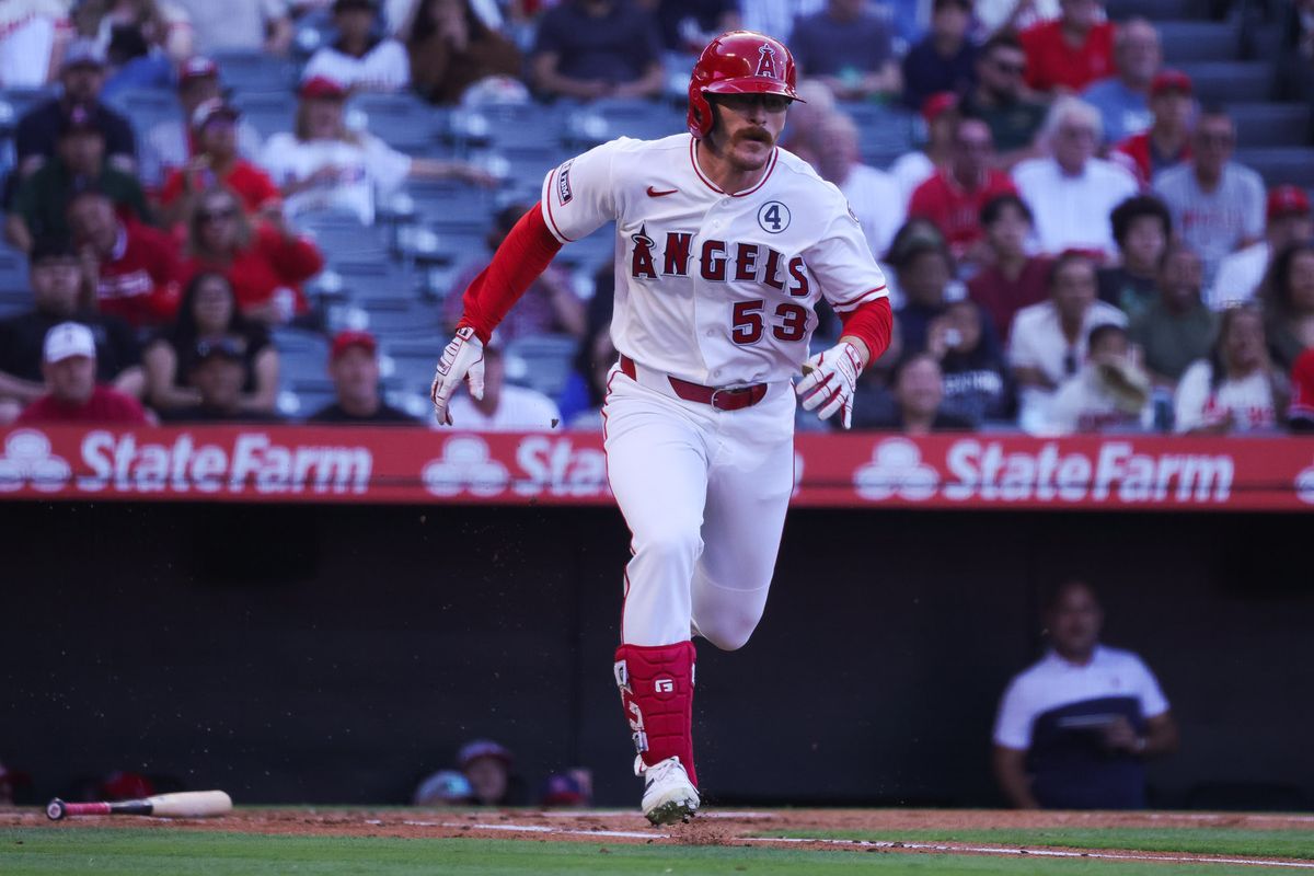 Los Angeles Angels outfielder Wade Meckler (53) runs during the MLB game against the Colorado Rockies Tuesday June 2nd, 2026 at Angel's Stadium in Anaheim, Calif.