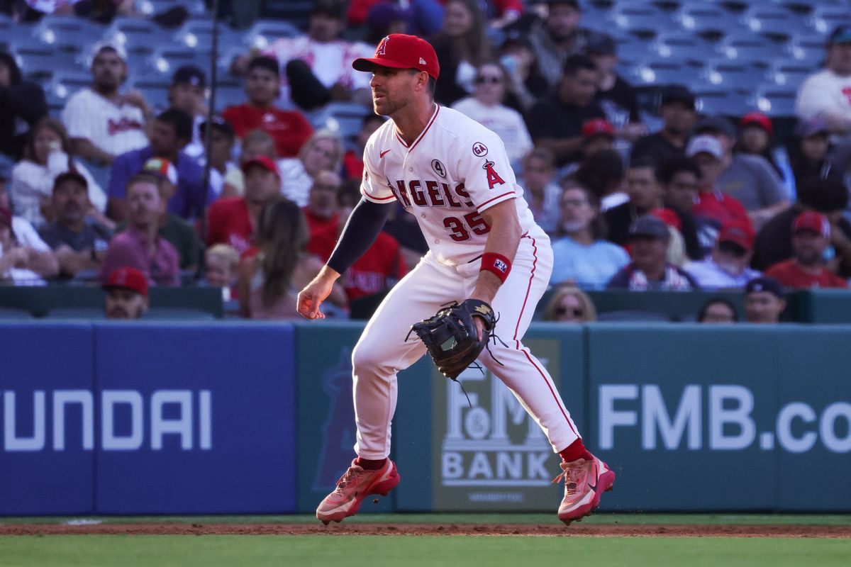 Los Angeles Angels infielder Donovan Walton (35) in a defensive stance during the MLB game against the Colorado Rockies Tuesday June 2nd, 2026 at Angel's Stadium in Anaheim, Calif.