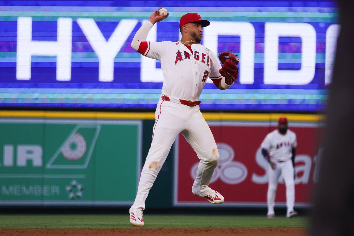 Los Angeles Angels infielder Oswald Peraza (2) jumps to throw the ball during the MLB game against the Colorado Rockies Tuesday June 2nd, 2026 at Angel's Stadium in Anaheim, Calif.