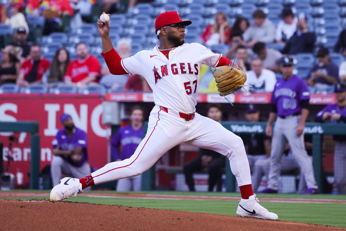 Los Angeles Angels right-handed pitcher Walbert Ureña (57) pitches during the MLB game against the Colorado Rockies Tuesday June 3rd, 2026 at Angel's Stadium in Anaheim, Calif.