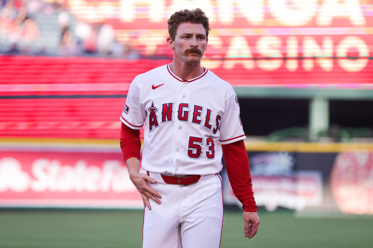 Los Angeles Angels outfielder Wade Meckler (53) looks off during the MLB game against the Colorado Rockies Tuesday June 3rd, 2026 at Angel's Stadium in Anaheim, Calif.