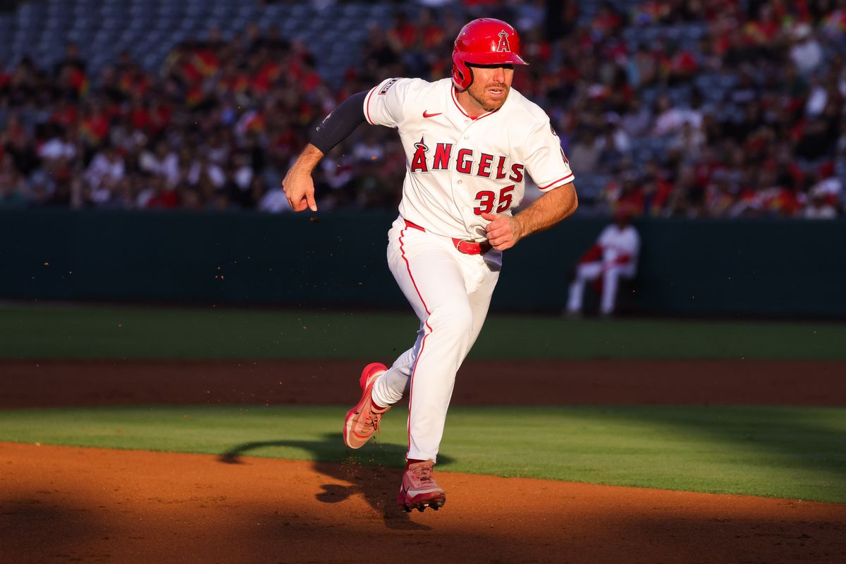 Los Angeles Angels infielder Donovan Walton (35) runs during the MLB game against the Colorado Rockies Tuesday June 3rd, 2026 at Angel's Stadium in Anaheim, Calif.