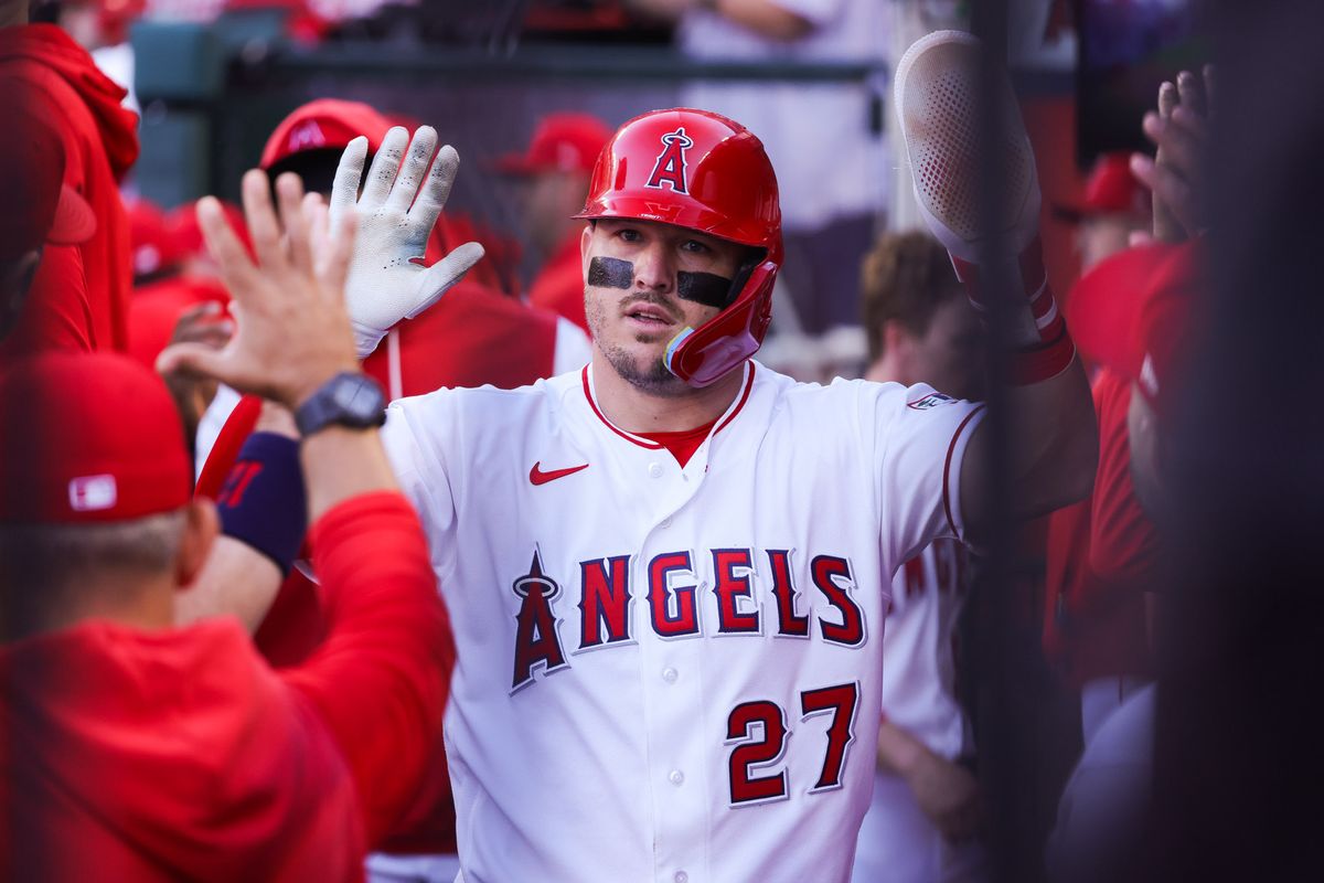 Los Angeles Angels outfielder Mike Trout (27) celebrates in the dugout during the MLB game against the Colorado Rockies Tuesday June 3rd, 2026 at Angel's Stadium in Anaheim, Calif.