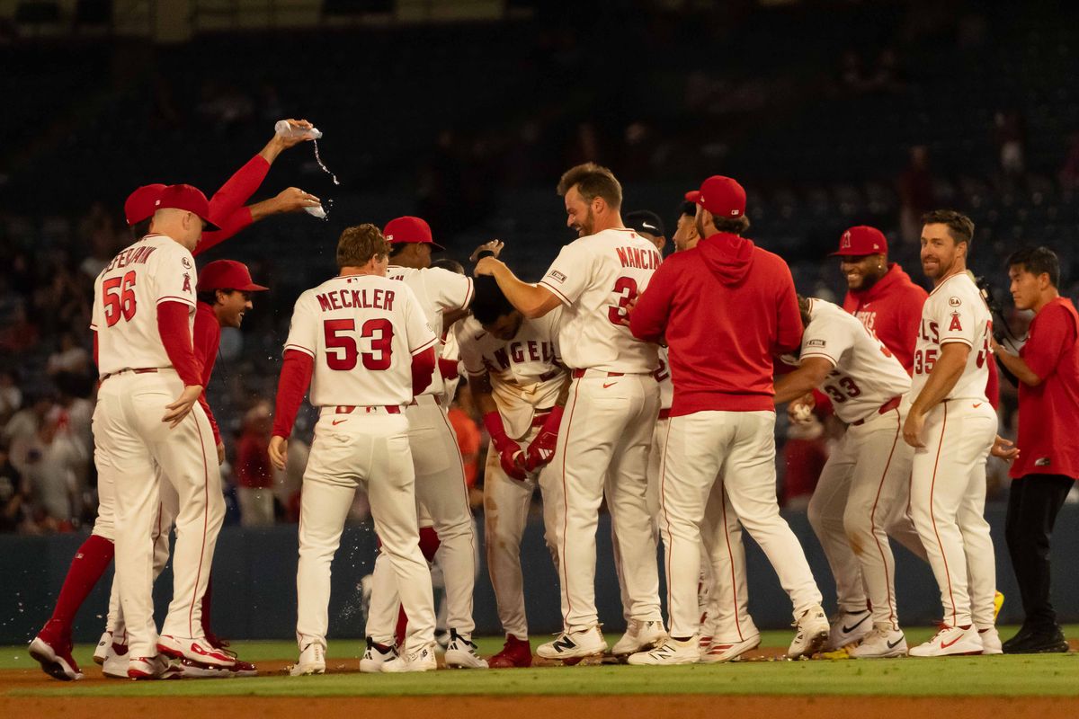 Los Angeles Angels celebrate during the MLB game against the Houston Astros on Wednesday June 10th, 2026 at Angel's Stadium in Anaheim, Calif. Los Angeles Angels celebrate during the MLB game against the Houston Astros on Wednesday June 10th, 2026 at Angel's Stadium in Anaheim, Calif.
