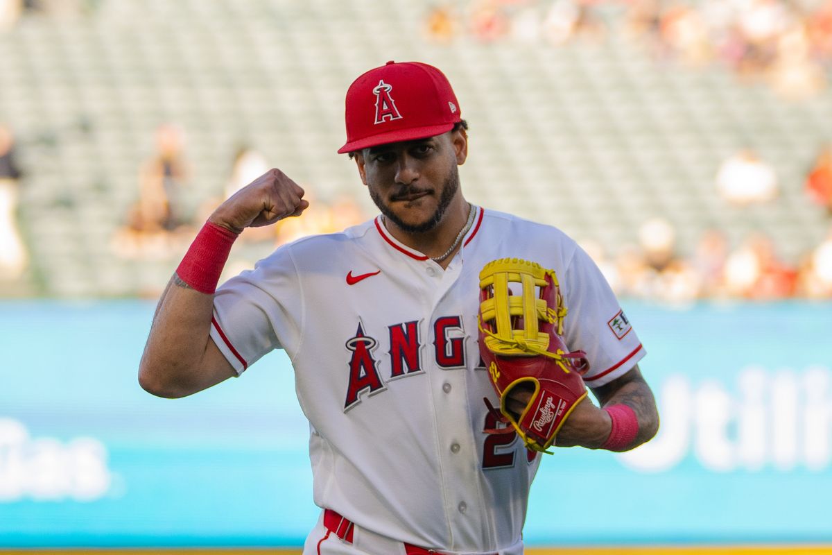 Los Angeles Angels outfielder Jose Siri (28) flexes for the camera during the MLB game against the Houston Astros on Wednesday June 10th, 2026 at Angel's Stadium in Anaheim, Calif. Los Angeles Angels outfielder Jose Siri (28) flexes for the camera during the MLB game against the Houston Astros on Wednesday June 10th, 2026 at Angel's Stadium in Anaheim, Calif.