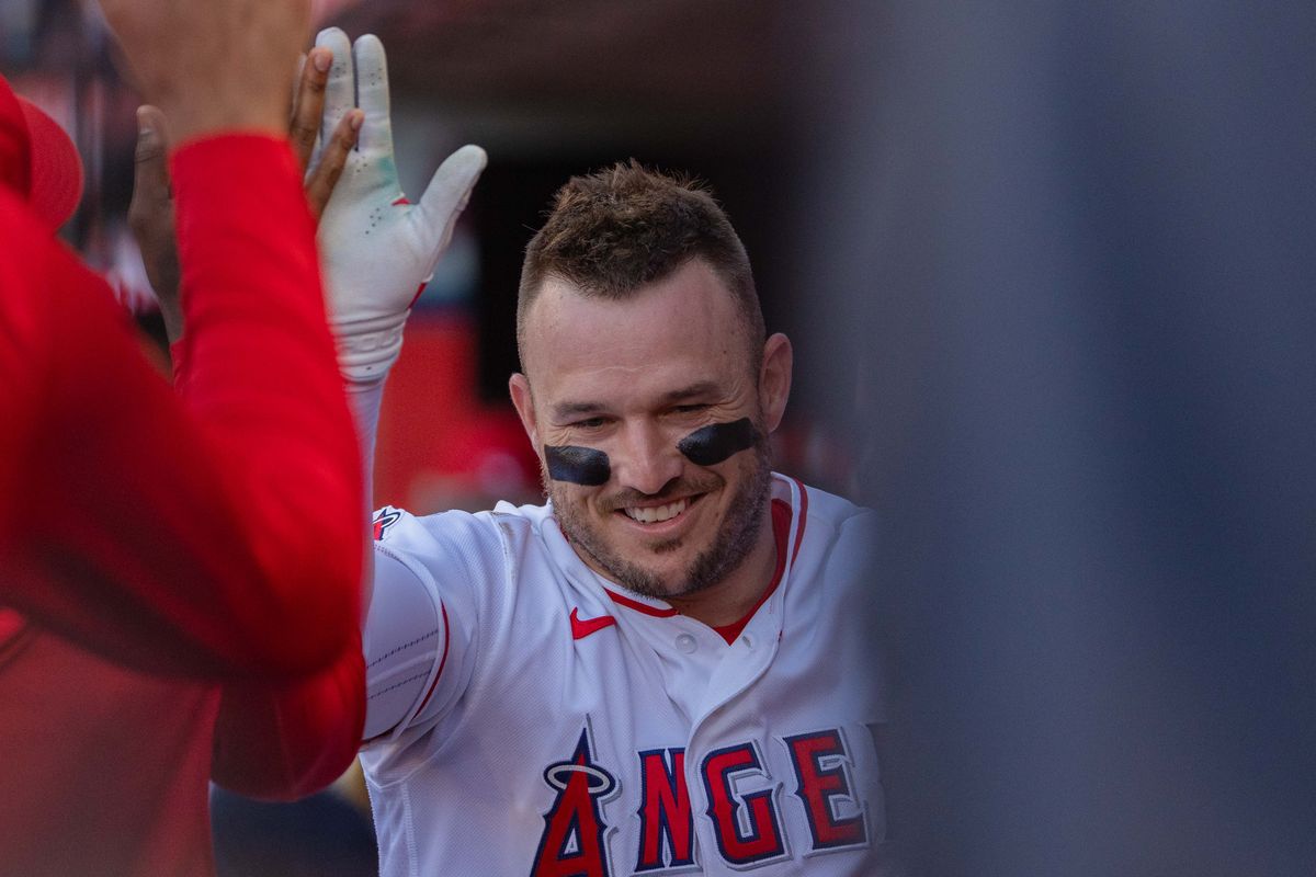 Los Angeles Angels outfielder Mike Trout (27) celebrates in the dugout during the MLB game against the Houston Astros on Wednesday June 10th, 2026 at Angel's Stadium in Anaheim, Calif. Los Angeles Angels outfielder Mike Trout (27) celebrates in the dugout during the MLB game against the Houston Astros on Wednesday June 10th, 2026 at Angel's Stadium in Anaheim, Calif.