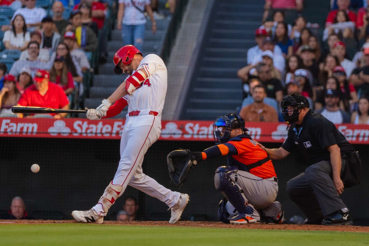 Los Angeles Angels infielder Trey Mancini (34) takes an attempt at bat during the MLB game against the Houston Astros on Wednesday June 10th, 2026 at Angel's Stadium in Anaheim, Calif. Los Angeles Angels infielder Trey Mancini (34) takes an attempt at bat during the MLB game against the Houston Astros on Wednesday June 10th, 2026 at Angel's Stadium in Anaheim, Calif.