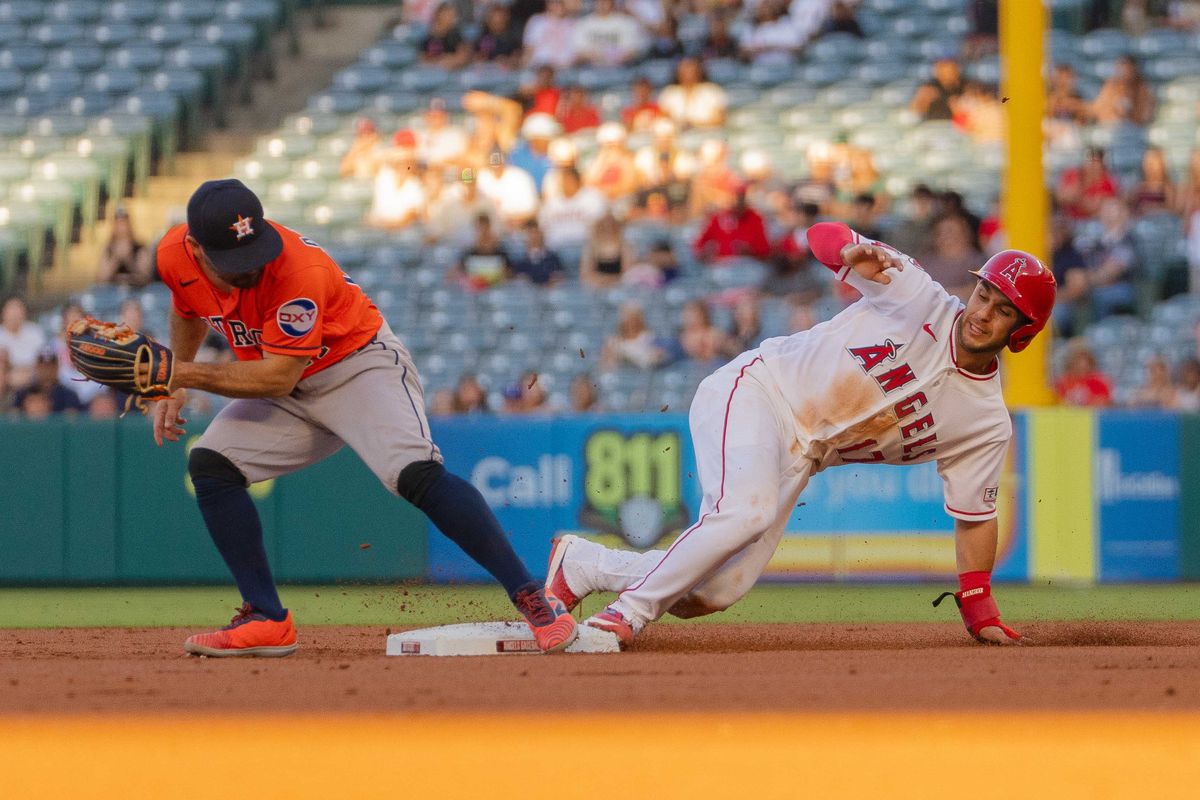 Los Angeles Angels infielder Nick Madrigal (17) slides for a base during the MLB game against the Houston Astros on Wednesday June 10th, 2026 at Angel's Stadium in Anaheim, Calif. Los Angeles Angels infielder Nick Madrigal (17) slides for a base during the MLB game against the Houston Astros on Wednesday June 10th, 2026 at Angel's Stadium in Anaheim, Calif.
