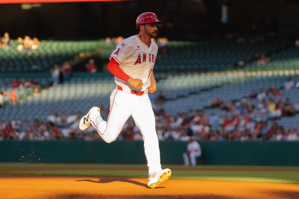 Los Angeles Angels infielder Trey Mancini (34) runs during the MLB game against the Houston Astros on Wednesday June 10th, 2026 at Angel's Stadium in Anaheim, Calif. Los Angeles Angels infielder Trey Mancini (34) runs during the MLB game against the Houston Astros on Wednesday June 10th, 2026 at Angel's Stadium in Anaheim, Calif.