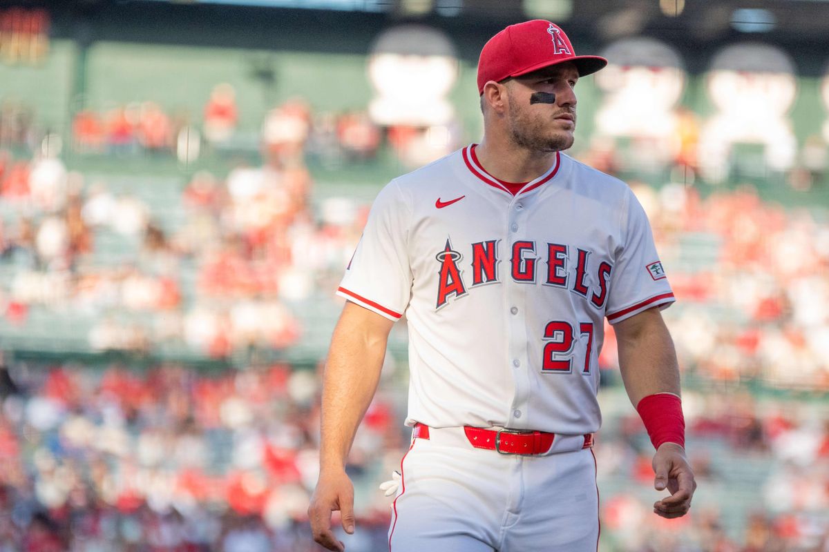 Los Angeles Angels outfielder Mike Trout (27) walks on the field before the MLB game against the San Francisco Giants Saturday April 19th, 2025 at Angels Stadium in Anaheim, Calif. Los Angeles Angels outfielder Mike Trout (27) walks on the field before the MLB game against the San Francisco Giants Saturday April 19th, 2025 at Angels Stadium in Anaheim, Calif.