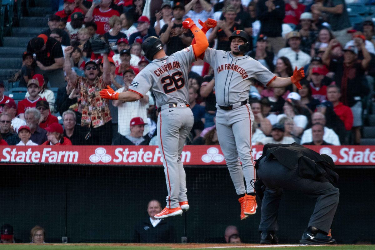 San Francisco Giants third baseman Matt Chapman (26) celebrates home run in the first inning during the MLB game against the Los Angeles Angels Friday April 18th, 2025 at Angels Stadium in Anaheim, Calif. San Francisco Giants third baseman Matt Chapman (26) celebrates home run in the first inning during the MLB game against the Los Angeles Angels Friday April 18th, 2025 at Angels Stadium in Anaheim, Calif.